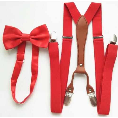 Red Color Women Mens Pu Leather Supenders Bowtie Sets High Elastic Strap Strong clips-on suspender bow tie set Adult boys LB027