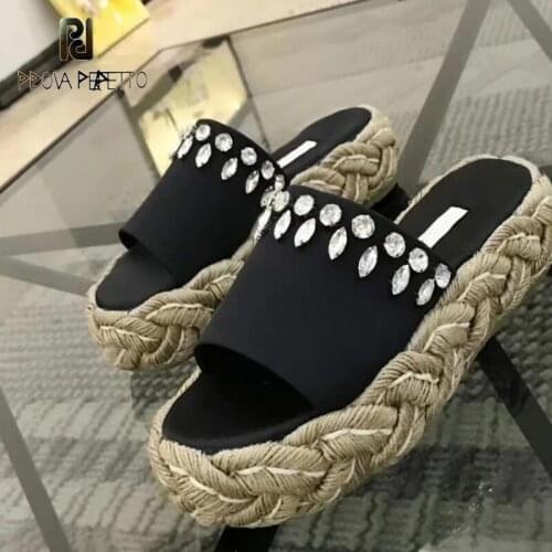 2021 summer new hemp rope braided thick-soled slippers rhinestone trim fairy wind non-slip beach sandals and slippers women