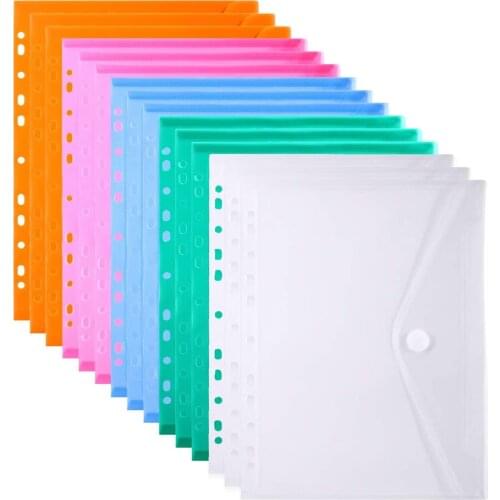 2021 New 11 Holes A4 Size Plastic File Envelope Pocket Insert Pages for Binders, with Sturdy Velcro Closure Assorted Colors