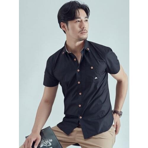 Shirt Men 2021 New Mens Fashion Casual Solid Embroidery Slim Business Casual Mens Short Sleeve Stand Collar Shirt