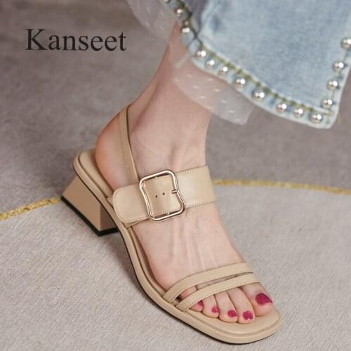 Kanseet Thick Heels Open-Toed Womens Sandals 2021 Summer Concise Genuine Leather Buckle Strap Footwear Big Size 41 Femlae Shoes