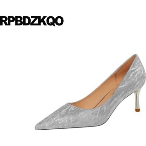 Medium Heels Pointed Toe Shoes 3 Inch Stiletto Gold Cheap 2019 Thin Size 4 34 Slip On High Silver Glitter Pumps Golden Women New