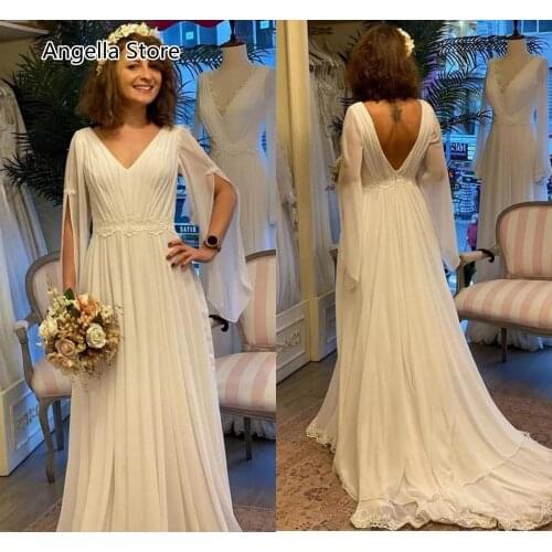 Sexy Backless Bohemian Chiffon Wedding Dresses A-Line 2021 Split Long Sleeve V-Neck Summer Boho Beach Bridal Gowns Sweep Train