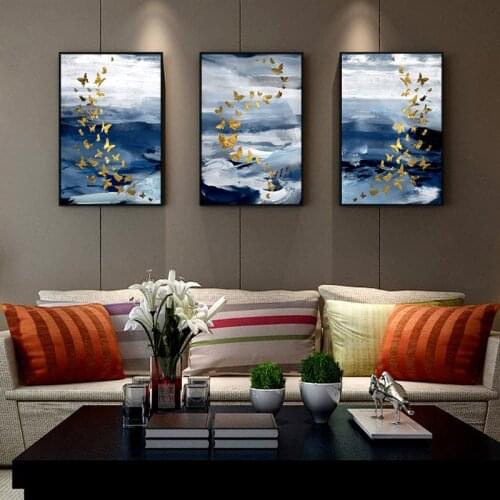 Nordic canvas painting, wall art with butterfly, golden black fish, printed canvas, decorative image for living room, home decor