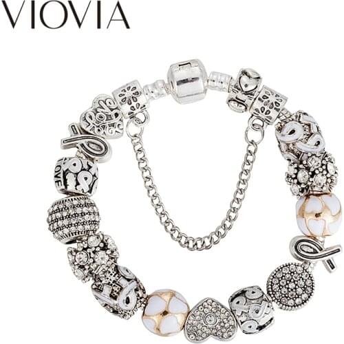 VIOVIA New Vintage Jewelry Sliver Rhinestone Beads Charms Bracelets & Bangles Heart Bracelets for Women Fashion Diy Gift B17131