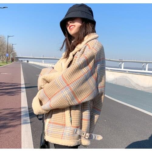 Lamb wool short down cotton padded jacket womens Korean loose winter plaid jacket 2021 NEW