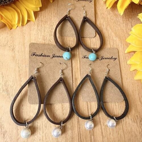 Leather Teardrop Pearl Beads Dangle Drop Earrings for Women