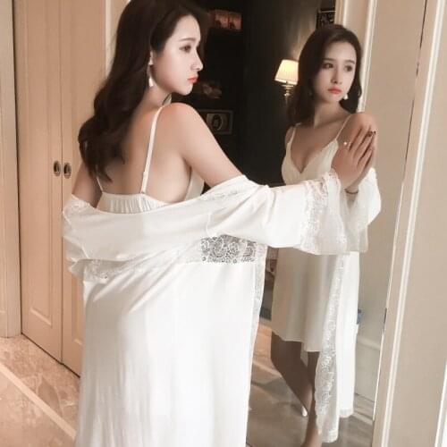 Photo Court Wind Lovely Lace Princess Sexy Sleepwear With Chest Pad Modale Cotton Robe Two Piece Fairy Lounge Intimate Lingerie