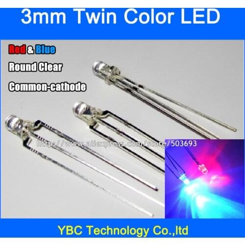 100pcs/lot 3mm Red Blue LED Common Cathode 3Pin F3 Round Water Clear Diodes