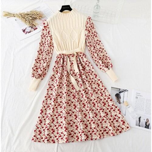 2021 Elegant Solid Women Dress Fashion Korean Half high collar Puff Sleeve Splice Knit Dresses Autumn Vintage Corduroy Dress