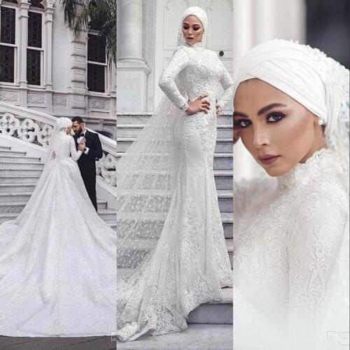 2021 New Muslim Mermaid Wedding Dresses Lace Beaded Long Sleeves Overskirts Chapel Train High Collar Saudi Arabic Bridal Gowns w