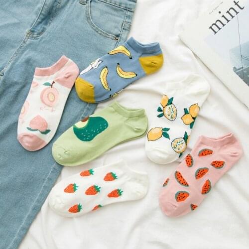 6 Pairs Womens Short Socks Cotton Sweet Fruit Cute Cartoon Banana Spring Harajuku Summer Strawberry Lady Ankle Socks