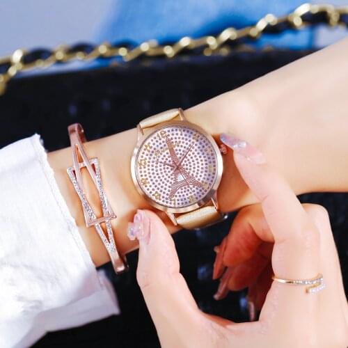 Womens Watches Luxury Romantic Eiffel Tower Quartz Watch For Women Leather Band Ladies Wrist Watch Female Clock Montre Femme W3