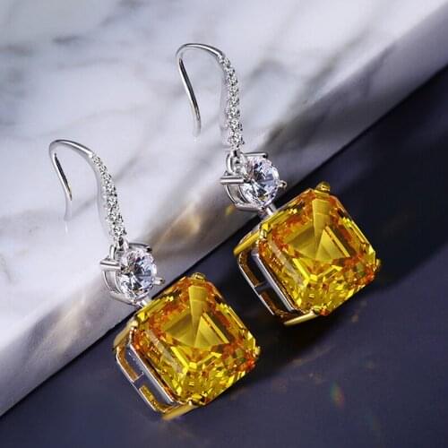 FFGems 100% 925 Sterling Silver Citrine yellow Gemstone Drop Dangle big Moissanite Gold Earrings Fine Jewelry Gift for women