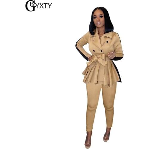 GBYXTY Autumn Winter Thick Suit Women Double Breasted Long Sleeve Ruffles Trench Coat and Pants 2 Piece Set Femme Outfit ZL1010