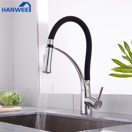 Chrome Rubber Kitchen Faucet Mixer Tap Rotation Pull Down Stream Sprayer Taps Hot Cold Water Tap with Single Handle Kitchen Tap