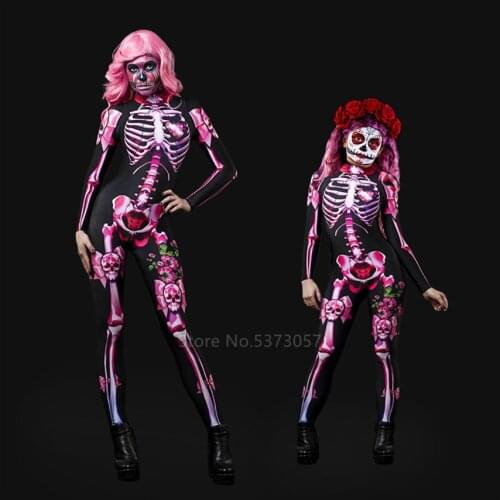 Day of The Dead Halloween Costumes for Adult Kids Scary Carnival Party Skeleton Bodysuit 3D Print Baby Girl Skull Dress