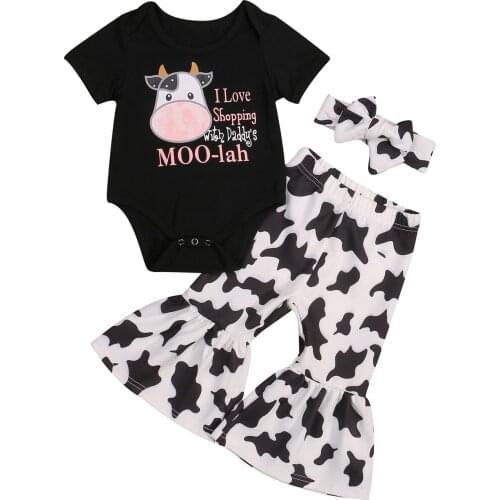 3 Pcs Baby Girl Summer Outfits, Cartoon & Letter Pattern Short Sleeve Round Neck Romper + Cow Print Flared Pants + Headband