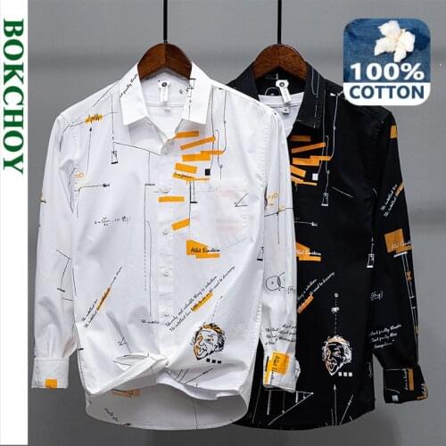 2021 Spring New Men Print Pure Cotton Shirts Long Sleeve Button Up Mathematical Formula L853
