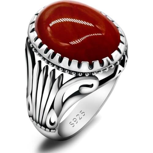 Natural Agate Ring for Men 925 Sterling Silver with Big Red Stone Vintage Rings Hollow Design for Male Women Thai Silver Jewelry