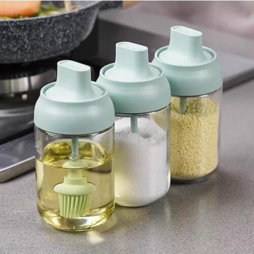 Kitchen Seasoning Spices Box Salt Monosodium Glutamate Bottle Set Glass Oil Pot Household Combination Spoon Cover Integrated
