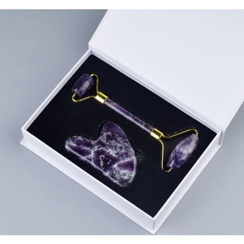 Natural Amethyst Double Head Jade Roller Gua Sha Stone Tool Massage for Face Anti-Swelling Reduce Facial Cellulite Slimming Body