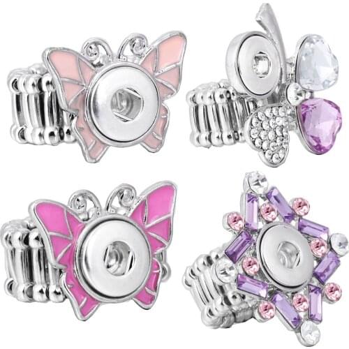 New Snap Button Jewelry Butterfly Heart Flower Crystal Snap Ring Elastic Adjustable Rings 12mm DIY Party Ring Button Ring