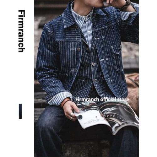 Firmranch New 2021 Jeans Work Jacket Vintage Ceket Chore Coat Amekaji Stripe Denim Jacket For Men Bleu de Traavail Engineer Sack