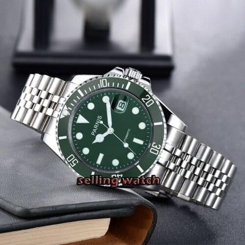 New Parnis 40mm Green Dial Mens Automatic Mechanical Watch Ceramic Bezel Steel Miyota 8215 Movement Mens Watches