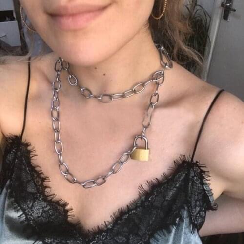 Stainless Steel Punk Gothic Chain Link Choker Necklace Padlock Bronze Metal Collar