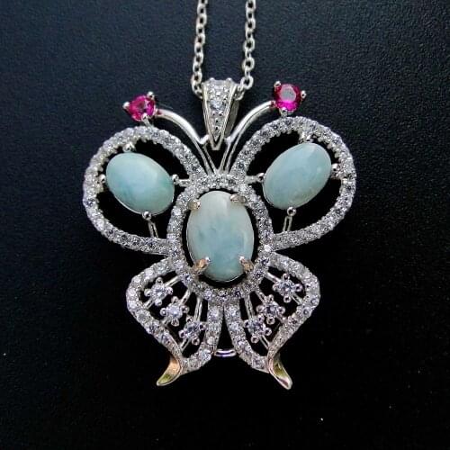 Hot Selling 925 Sterling Silver Blue Natural Dominica Larimar Butterfly Pendant Necklace For Gift