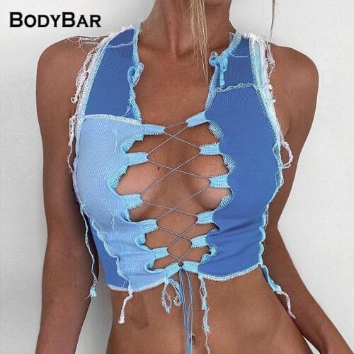 Sexy Cut-out Holes Lady Tassel Tank Top Summer Patchwork mesh Tees For Women Gothic Slim Cool Sleeveless Tshirt 2021 Crop Tops