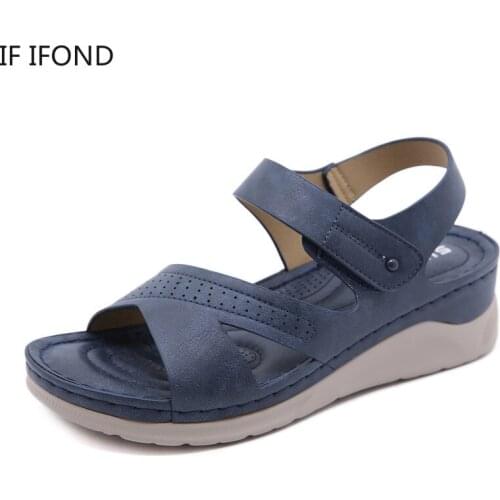 IF IFOND Leather Gladiator Sandals Summer New Women Wedge Shoes Casual Platform Shoes For Woman Outdoor Non-slip Shoes