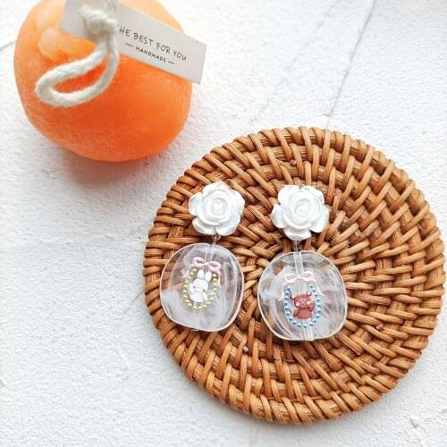 ZiccoWong Cartoon Lovely Rabbit Bear Long Drop Earring Resin Rose Transparent Geometric Eardrop Fashion Party Friend Jewelry