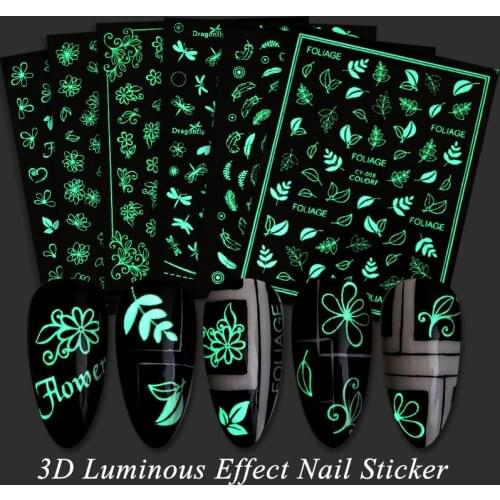 Luminous 3D Nail Stickers Summer Flower Leaf Design Transfer Stickers Glow In Dark Slider Stickers DIY Nail Art Decoration