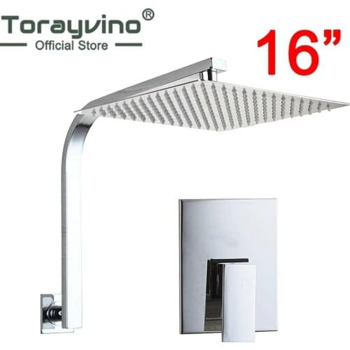 Torayvino Bath 16"Shower Head Brass Rainfall RainFashion Ultra-thin Panel Wall Mounted Shower Faucet Shower Chrome Mixer Tap