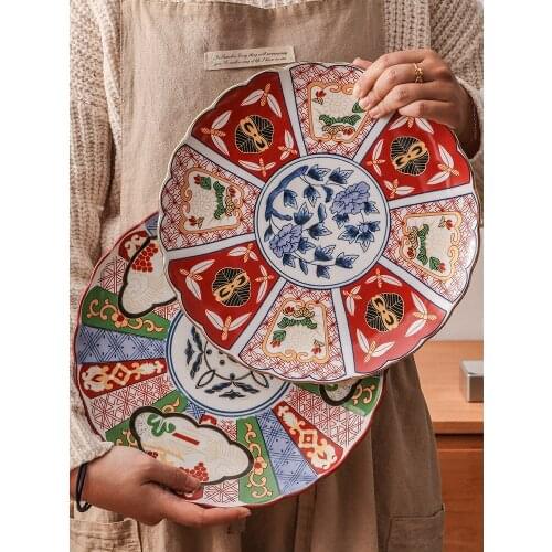 Japanese handmade ancient ceramic plate antique palace style round snack shushi fruit dish wedding gift tableware