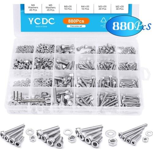 YCDC 880PCS M2 M3 M4 M5 Screws 304 Steel Hexagon Head Screws Set With Bolt Nut Lock Flat Washers Machine Screws Assortment Kit