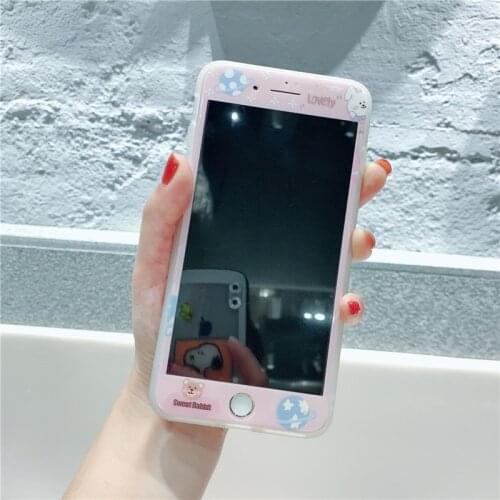 Screen Protector For iPhone 7 8 Plus X XR XS 11 Pro Max Tempered Glass Cartoon Rabbit Bear Pattern Soft Edge Protective Film