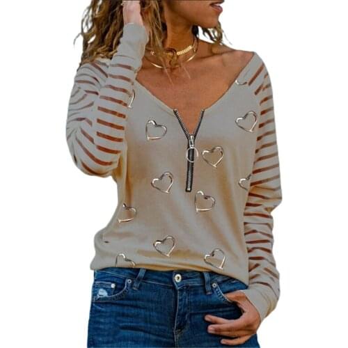 Long T Spring Autumn Women Casual Tops Long Sleeve V Neck Heart Print Pullover Sheer Mesh Zipper Design T-shirt Plus Size