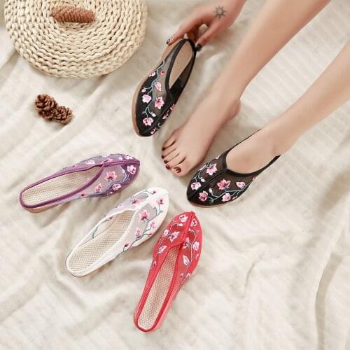Retro Gauze Flower Embroidered Ladies Close Toe Canvas Shoes Summer Style Women Flat Slides Platforms Breathable Mules Slippers