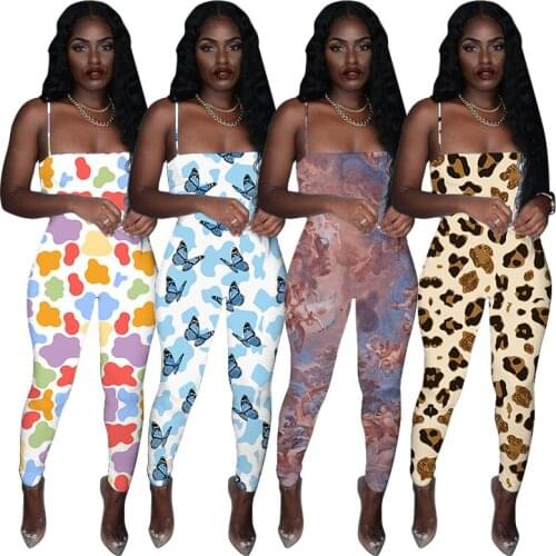 Adogirl Butterfly Tie-Dye Print Women Jumpsuit Sexy Sleeveless Long Playsuits Elastic Skinny Female Overall Basic Streetwear