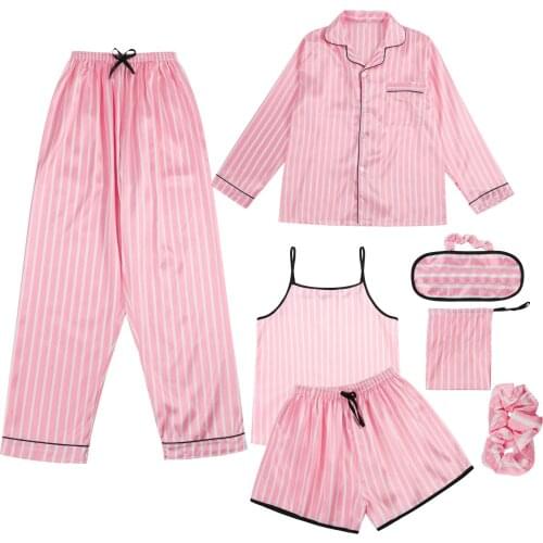 Women Autumn Spring 7 Pieces Set Silk Elegant Pajamas Set Tripe Shorts Long Sleeve Tops Elastic Waist Pants Full Sleepwear #T2G
