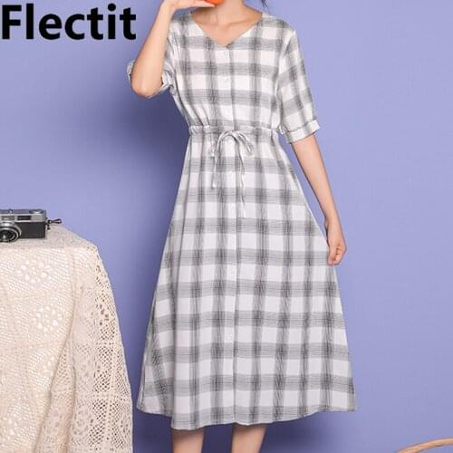 Flecti Rustic Gingham Midi Dress Button Front With Drawstring Tie V-Neck Short Sleeve Women Summer Dress