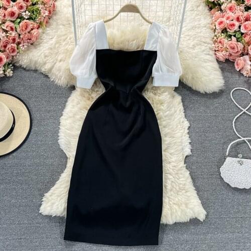 Black dress female summer 2021 new high-end sense of square neck puff sleeve French retro temperament short-sleeved long skirt