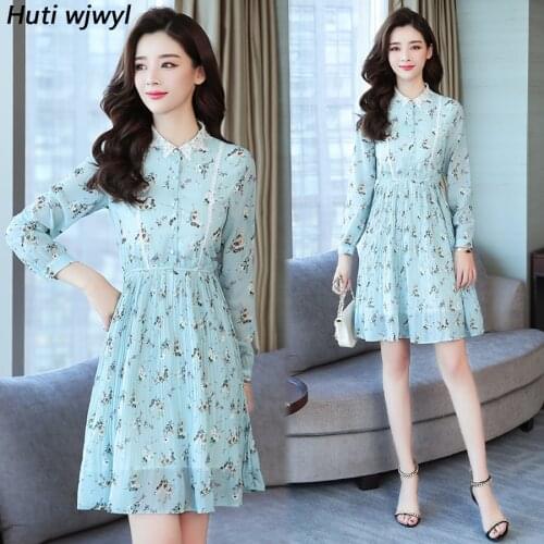 2021 Korean Sweet Floral Chiffon Mini Dresses Summer Vintage Plus Size Blue Beach Sundress Women Bodycon Elegant Party Vestidos