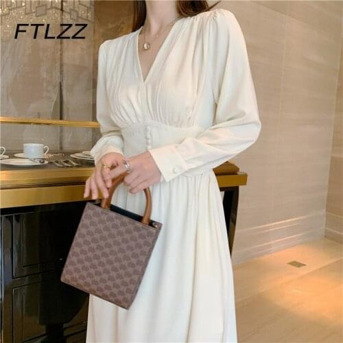 Spring Autumn Chiffon Dress Women French Retro High Waist Long Sleeve Draping Mid-length Dresses Ladies Elegant Beach Dress