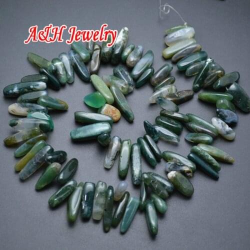 10 strands Natural Semi-precious Stone 6x20mm Moss Stone Fang Shape Graved Beads For Necklace Making Materials