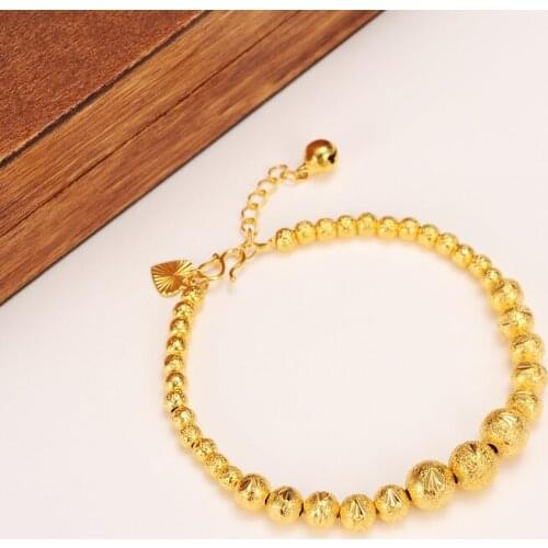 17cm + 4cm Lengthen Ball Bangle Women 24k Real Solid Yellow Gold GF Round Beads Bracelets Jewelry Hand Chain heart tapestried
