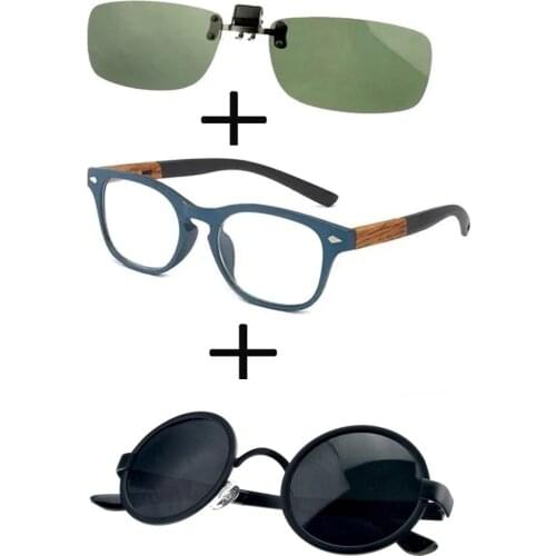 3Pcs!!! Comfortable Wooden Squared Frame Reading Glasses for Men Women + Alloy Polarized Sunglasses Driving + Sunglasses Clip